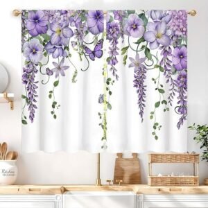 Purple Floral Butterfly Lavender Kitchen Curtains